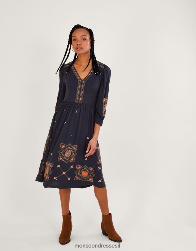 הַלבָּשָׁה Monsoon שמלת מידי ג'רזי עם שרוולים נפוחים כחול (צי) נשים HTJ0TZ883