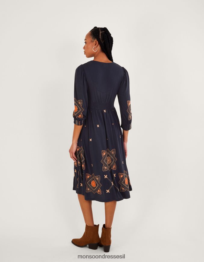 הַלבָּשָׁה Monsoon שמלת מידי ג'רזי עם שרוולים נפוחים כחול (צי) נשים HTJ0TZ883