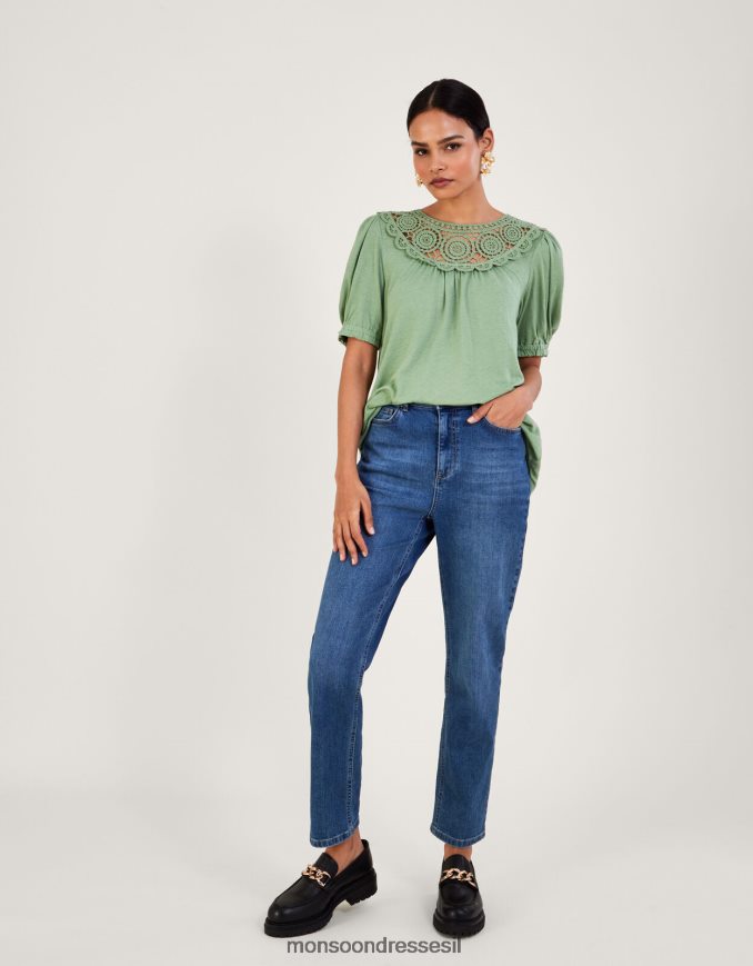 הַלבָּשָׁה Monsoon חלק עליון עם שרוולים קרושה בתערובת פשתן ירוק (חאקי) נשים HTJ0TZ898