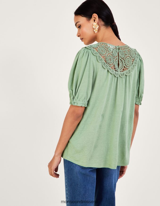 הַלבָּשָׁה Monsoon חלק עליון עם שרוולים קרושה בתערובת פשתן ירוק (חאקי) נשים HTJ0TZ898