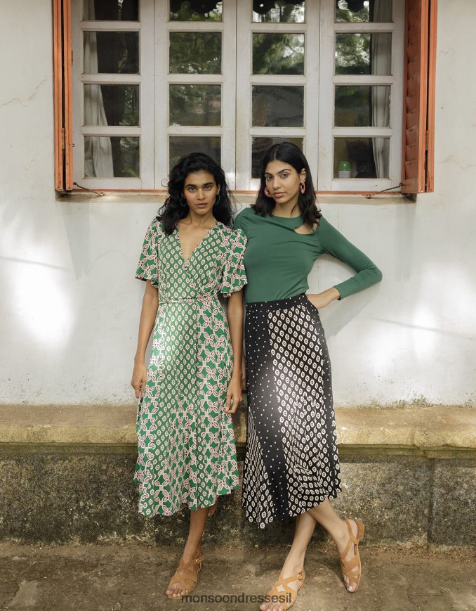 הַלבָּשָׁה Monsoon שמלת מידי מעטפת בהדפס גיאומטרי בניגוד ירוק (חאקי) נשים HTJ0TZ907