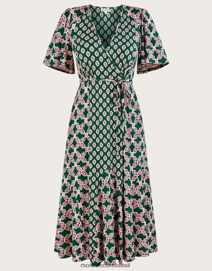 הַלבָּשָׁה Monsoon שמלת מידי מעטפת בהדפס גיאומטרי בניגוד ירוק (חאקי) נשים HTJ0TZ907