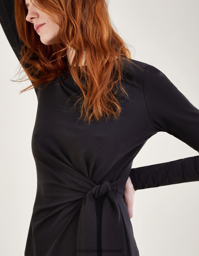 הַלבָּשָׁה Monsoon שמלת מידי ג'רסי עם שרוול ארוך שָׁחוֹר נשים HTJ0TZ915