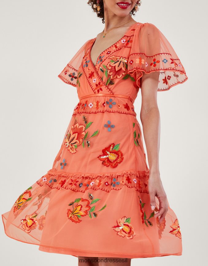 הַלבָּשָׁה Monsoon אנה שמלת קומות רקומה בפוליאסטר ממוחזר תפוז נשים HTJ0TZ916