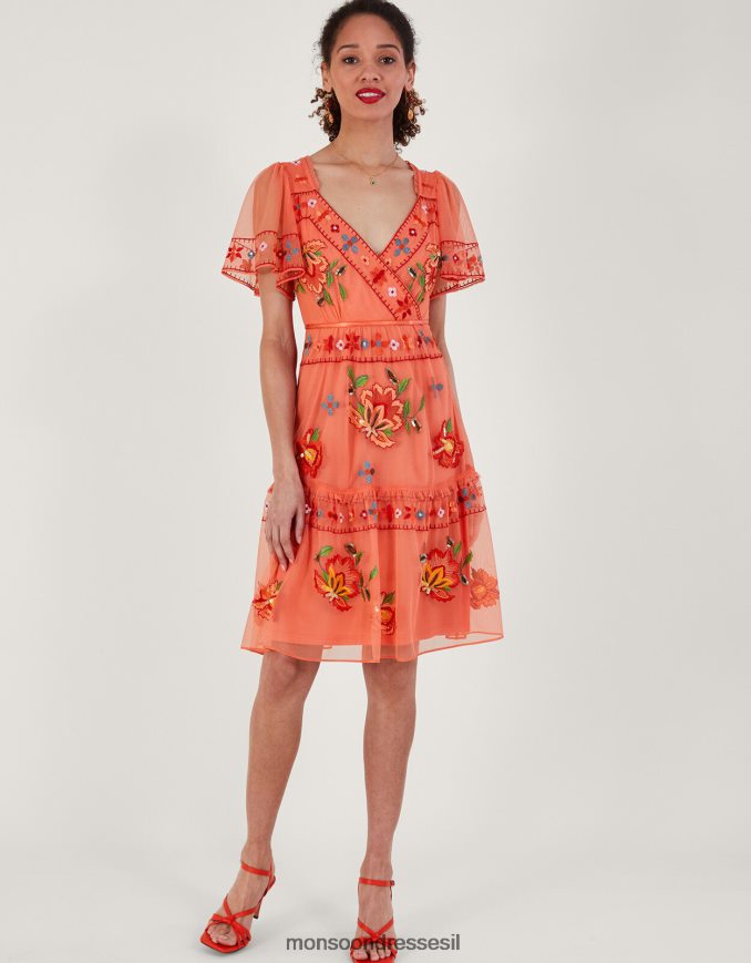 הַלבָּשָׁה Monsoon אנה שמלת קומות רקומה בפוליאסטר ממוחזר תפוז נשים HTJ0TZ916