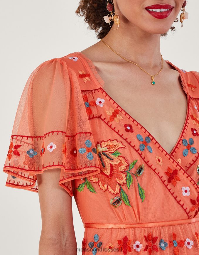 הַלבָּשָׁה Monsoon אנה שמלת קומות רקומה בפוליאסטר ממוחזר תפוז נשים HTJ0TZ916