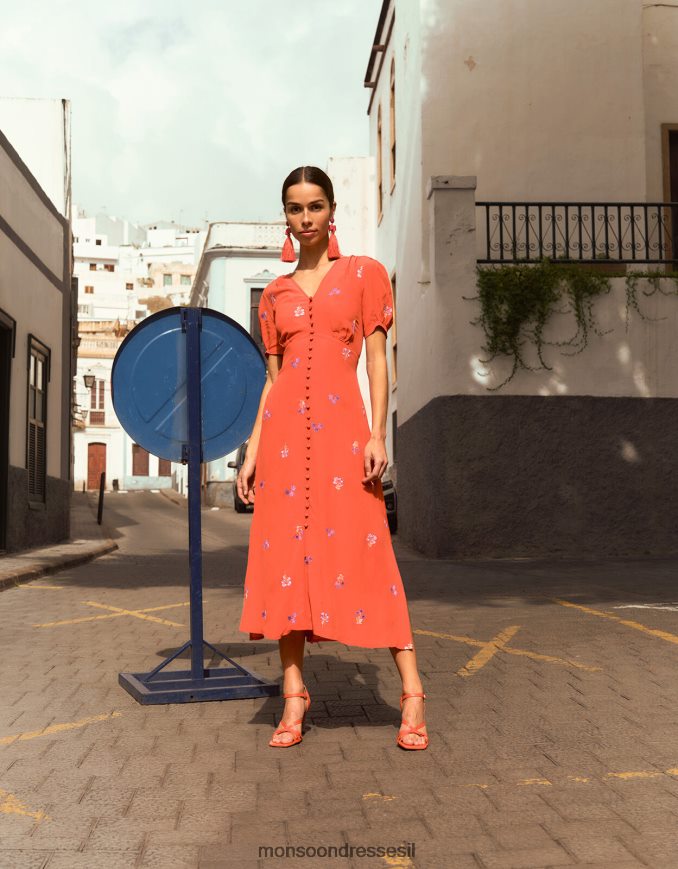 הַלבָּשָׁה Monsoon שמלת תה רקומה של אוליי בוויסקוזה בת קיימא תפוז נשים HTJ0TZ918