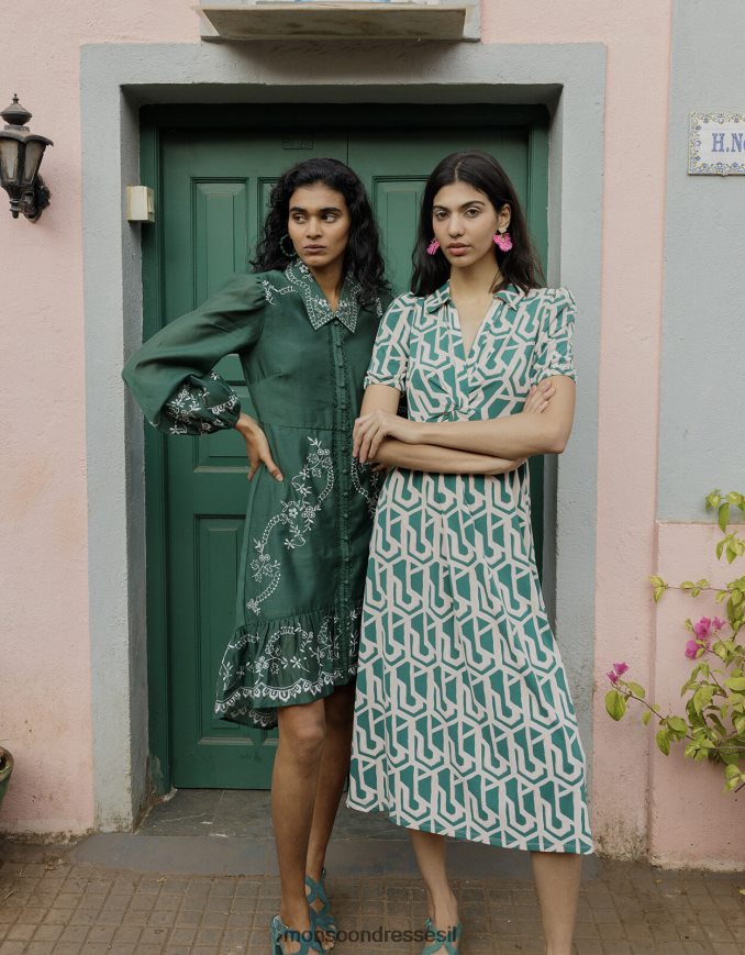 הַלבָּשָׁה Monsoon שמלת חולצת מידי ג'רסי בהדפס גיאומטרי ירוק נשים HTJ0TZ920