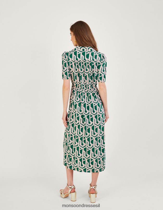 הַלבָּשָׁה Monsoon שמלת חולצת מידי ג'רסי בהדפס גיאומטרי ירוק נשים HTJ0TZ920