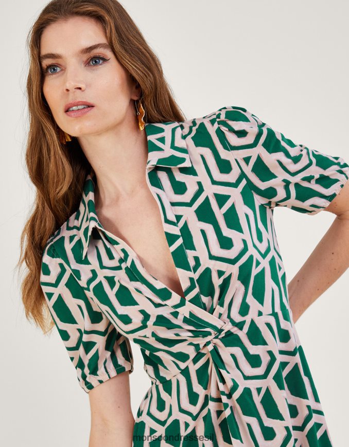 הַלבָּשָׁה Monsoon שמלת חולצת מידי ג'רסי בהדפס גיאומטרי ירוק נשים HTJ0TZ920