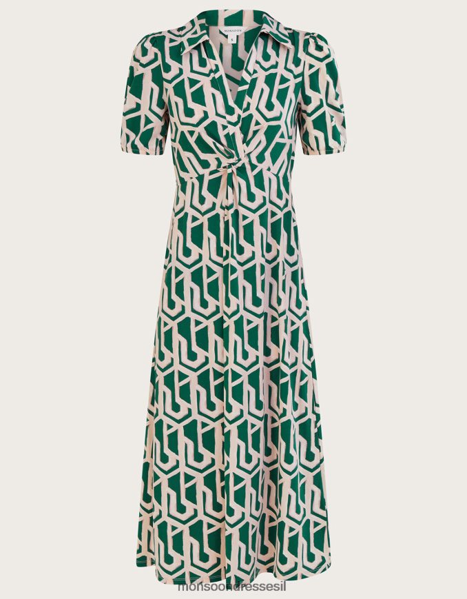 הַלבָּשָׁה Monsoon שמלת חולצת מידי ג'רסי בהדפס גיאומטרי ירוק נשים HTJ0TZ920
