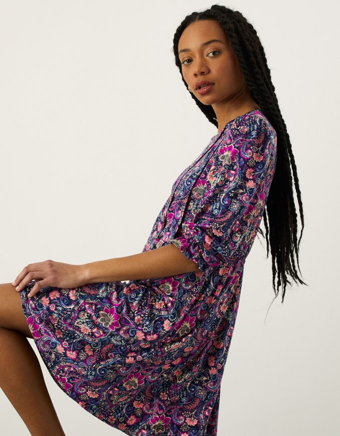 הַלבָּשָׁה Monsoon שמלת ג'רסי בהדפס קפלים כחול (צי) נשים HTJ0TZ923