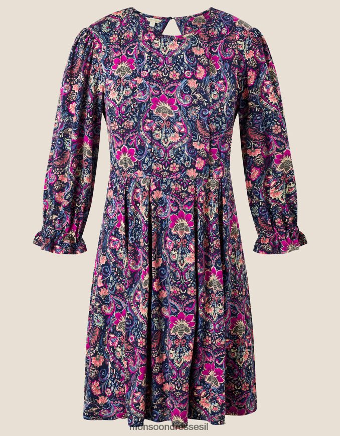 הַלבָּשָׁה Monsoon שמלת ג'רסי בהדפס קפלים כחול (צי) נשים HTJ0TZ923