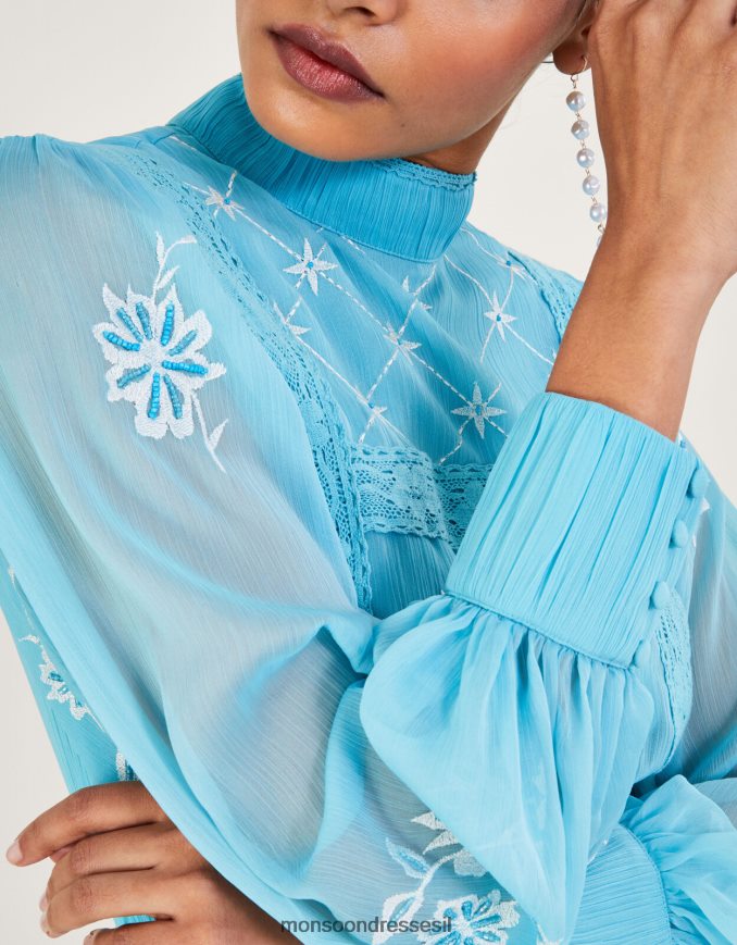 הַלבָּשָׁה Monsoon שמלת מקסי רקומה של מאדי בפוליאסטר ממוחזר כחול (אקווה) נשים HTJ0TZ942