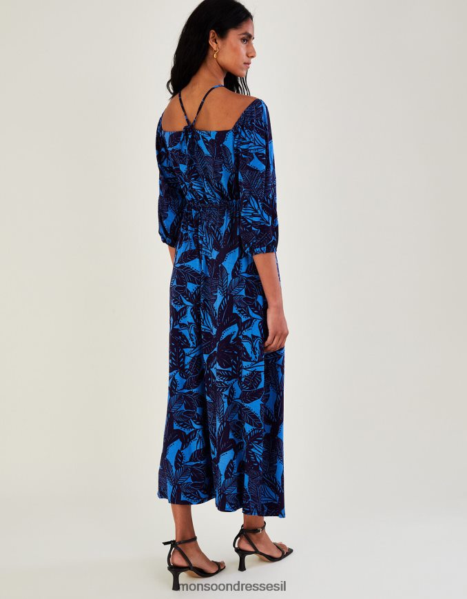 הַלבָּשָׁה Monsoon שמלת מקסי ג'רסי בהדפס עלים ברדו כְּחוֹל נשים HTJ0TZ943