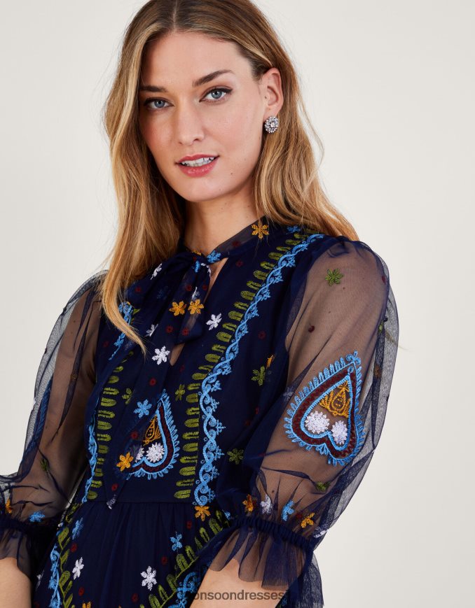 הַלבָּשָׁה Monsoon שמלת מקסי רקומה טרייסי בפוליאסטר ממוחזר כחול (צי) נשים HTJ0TZ945