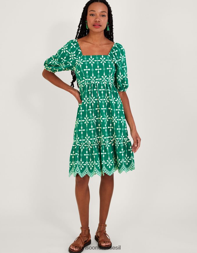 הַלבָּשָׁה Monsoon שמלה קצרה עם שרוולים נפוחים רקומים מכותנה בת קיימא ירוק נשים HTJ0TZ956