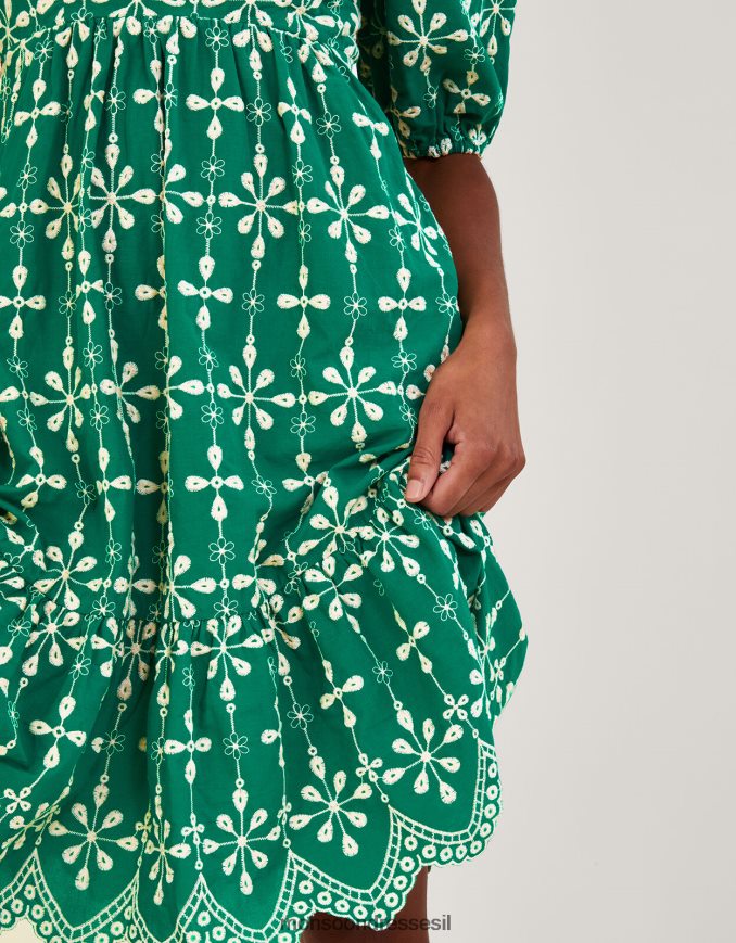 הַלבָּשָׁה Monsoon שמלה קצרה עם שרוולים נפוחים רקומים מכותנה בת קיימא ירוק נשים HTJ0TZ956