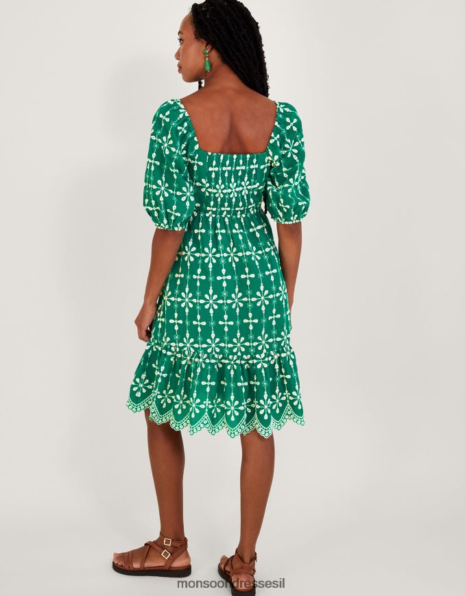 הַלבָּשָׁה Monsoon שמלה קצרה עם שרוולים נפוחים רקומים מכותנה בת קיימא ירוק נשים HTJ0TZ956