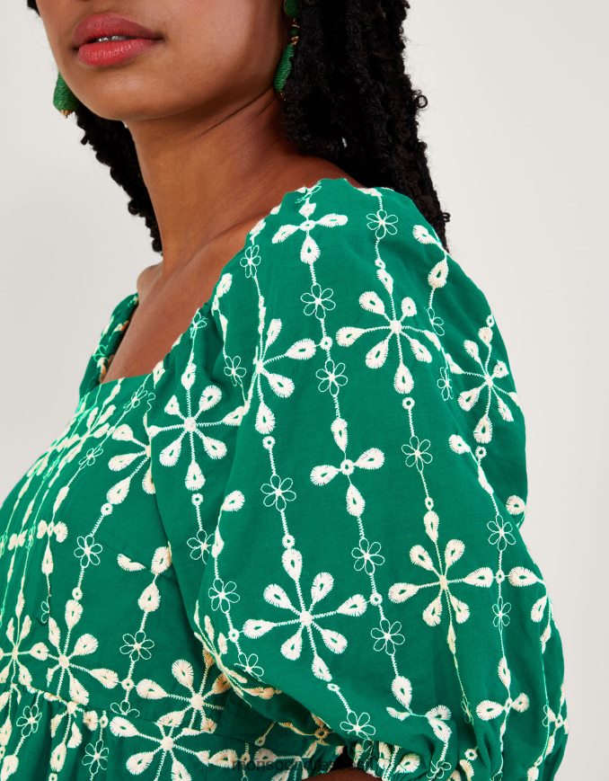 הַלבָּשָׁה Monsoon שמלה קצרה עם שרוולים נפוחים רקומים מכותנה בת קיימא ירוק נשים HTJ0TZ956