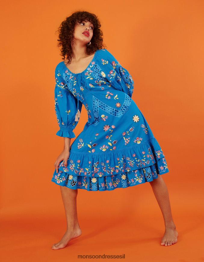 הַלבָּשָׁה Monsoon שמלה רקומה של טינה עד הברך כְּחוֹל נשים HTJ0TZ965