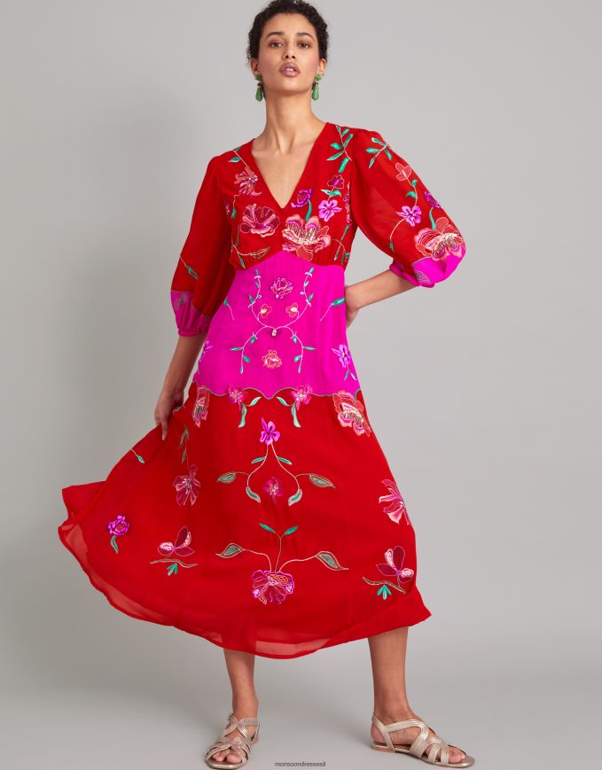 הַלבָּשָׁה Monsoon שמלה מעוטרת של ג'ואנה מפוליאסטר ממוחזר אָדוֹם נשים HTJ0TZ967