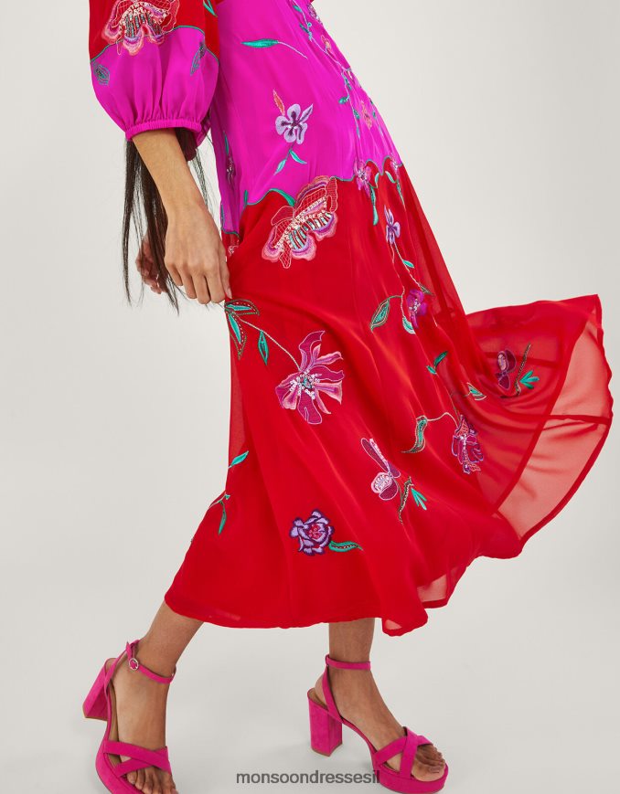 הַלבָּשָׁה Monsoon שמלה מעוטרת של ג'ואנה מפוליאסטר ממוחזר אָדוֹם נשים HTJ0TZ967