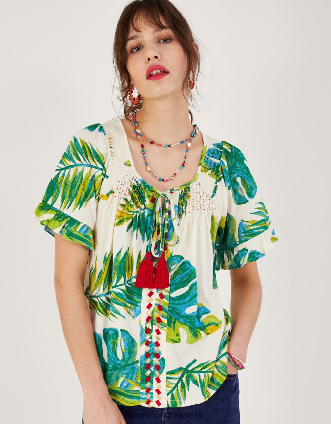 הַלבָּשָׁה Monsoon טופ ג'רסי בהדפס כף היד שֶׁנהָב נשים HTJ0TZ968