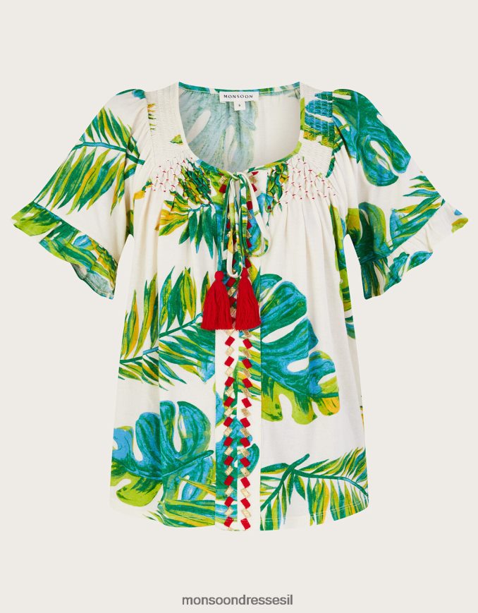 הַלבָּשָׁה Monsoon טופ ג'רסי בהדפס כף היד שֶׁנהָב נשים HTJ0TZ968