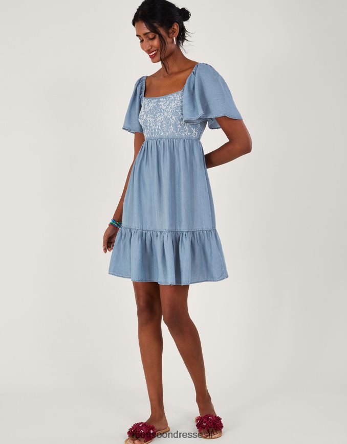 הַלבָּשָׁה Monsoon שמלת ג'ינס קצרה רקומה כחול (כחול ג'ינס) נשים HTJ0TZ974