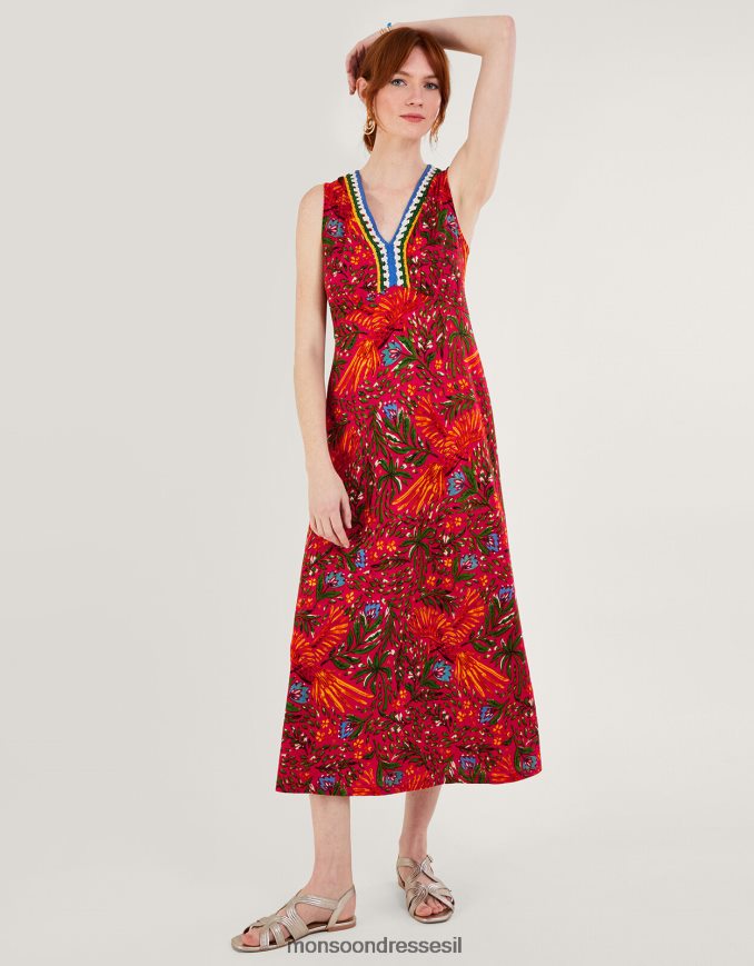 הַלבָּשָׁה Monsoon שמלת סרוגה בהדפס עלים בתערובת פשתן אָדוֹם נשים HTJ0TZ977