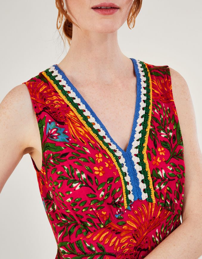 הַלבָּשָׁה Monsoon שמלת סרוגה בהדפס עלים בתערובת פשתן אָדוֹם נשים HTJ0TZ977