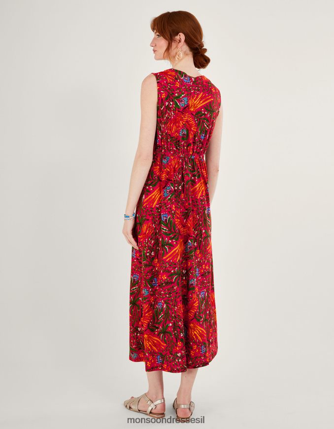 הַלבָּשָׁה Monsoon שמלת סרוגה בהדפס עלים בתערובת פשתן אָדוֹם נשים HTJ0TZ977