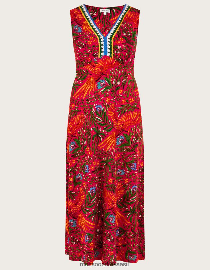 הַלבָּשָׁה Monsoon שמלת סרוגה בהדפס עלים בתערובת פשתן אָדוֹם נשים HTJ0TZ977