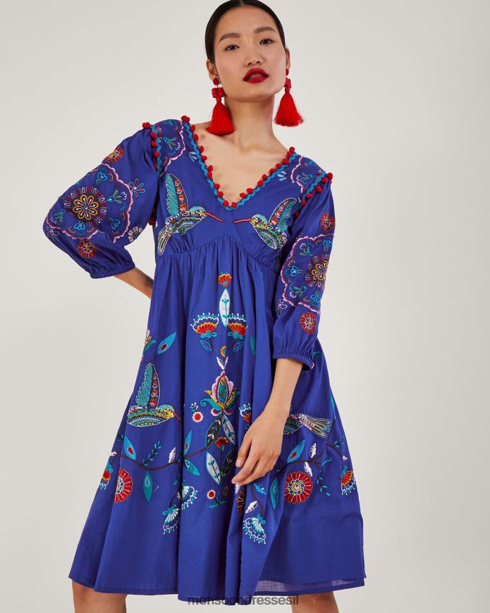 הַלבָּשָׁה Monsoon שמלה פרחונית וציפור מתחת לברך כחול (קובלט) נשים HTJ0TZ980