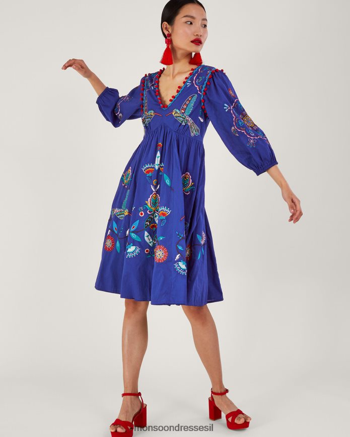 הַלבָּשָׁה Monsoon שמלה פרחונית וציפור מתחת לברך כחול (קובלט) נשים HTJ0TZ980