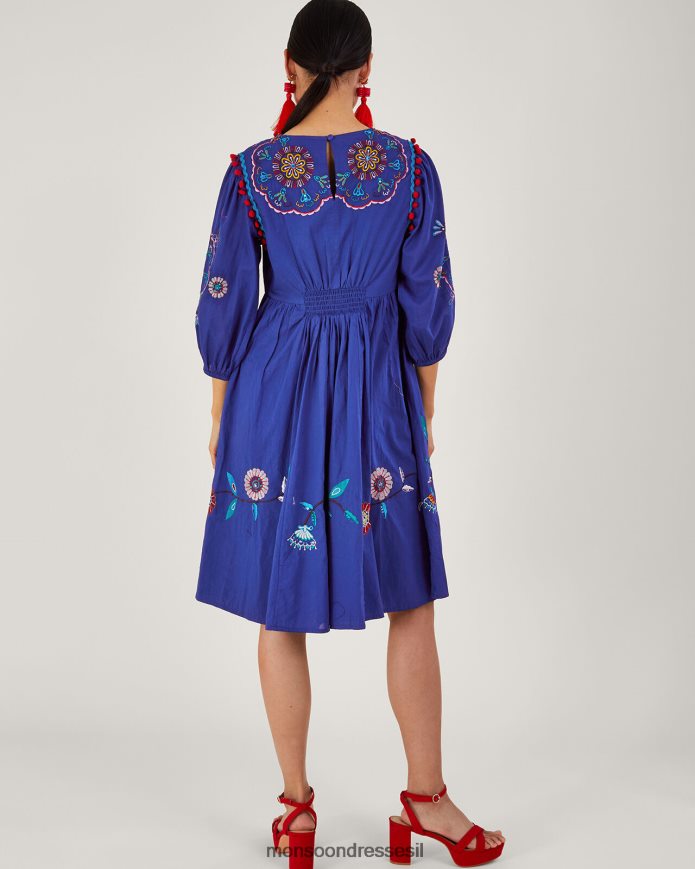 הַלבָּשָׁה Monsoon שמלה פרחונית וציפור מתחת לברך כחול (קובלט) נשים HTJ0TZ980