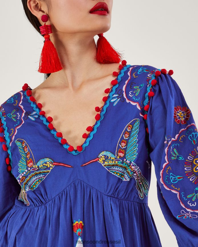 הַלבָּשָׁה Monsoon שמלה פרחונית וציפור מתחת לברך כחול (קובלט) נשים HTJ0TZ980