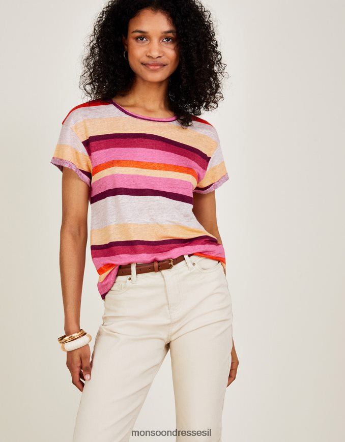 הַלבָּשָׁה Monsoon חולצת טריקו עם צווארון פס פשתן רַב נשים HTJ0TZ983