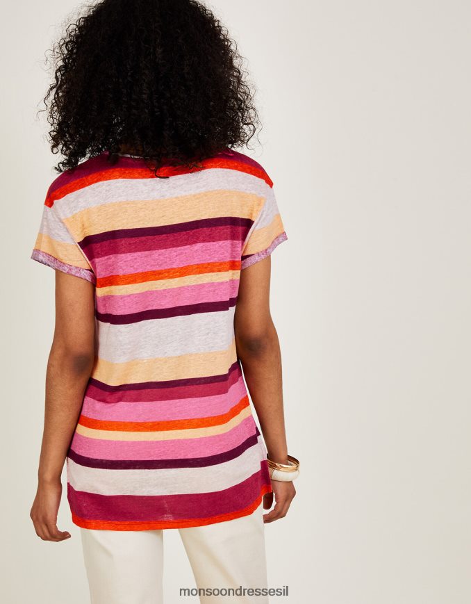 הַלבָּשָׁה Monsoon חולצת טריקו עם צווארון פס פשתן רַב נשים HTJ0TZ983