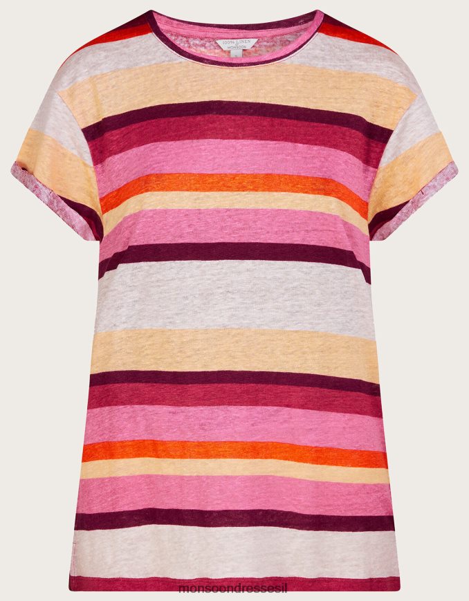 הַלבָּשָׁה Monsoon חולצת טריקו עם צווארון פס פשתן רַב נשים HTJ0TZ983