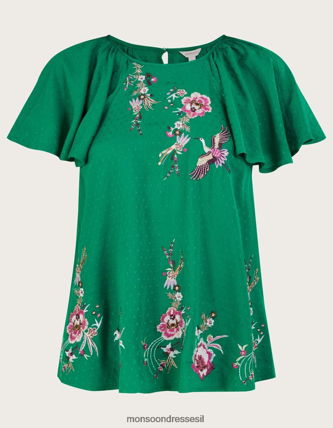 הַלבָּשָׁה Monsoon חולצת טריקו עם שרוולים מתנפנפים עם ג'ני ירוק נשים HTJ0TZ986