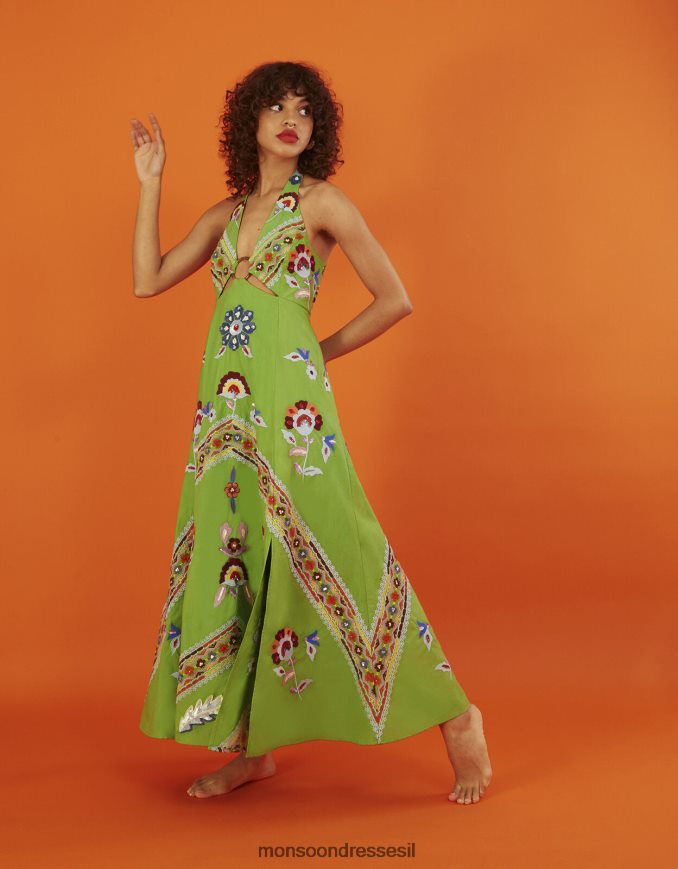 הַלבָּשָׁה Monsoon שמלת מקסי מעוטרת בפרטי טבעת שירלי ירוק נשים HTJ0TZ987