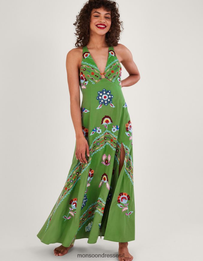 הַלבָּשָׁה Monsoon שמלת מקסי מעוטרת בפרטי טבעת שירלי ירוק נשים HTJ0TZ987