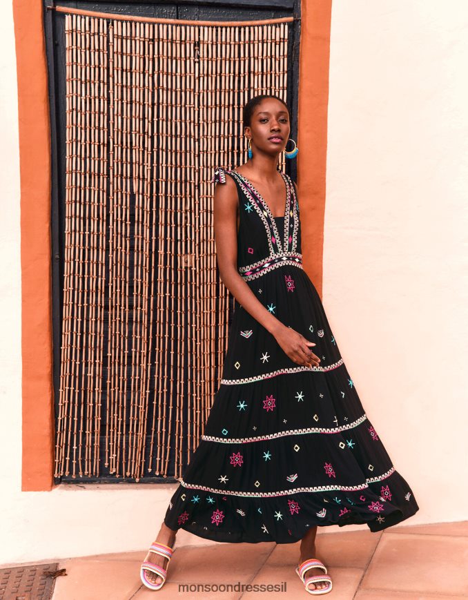 הַלבָּשָׁה Monsoon שמלת קמי מקסי רקומה במוטיב רצועה רחבה שָׁחוֹר נשים HTJ0TZ990