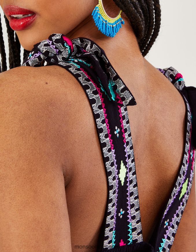 הַלבָּשָׁה Monsoon שמלת קמי מקסי רקומה במוטיב רצועה רחבה שָׁחוֹר נשים HTJ0TZ990