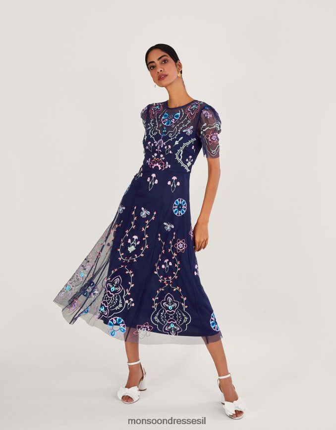 הַלבָּשָׁה Monsoon שמלת מידי רקומה של ליאור בפוליאסטר ממוחזר כחול (צי) נשים HTJ0TZ997