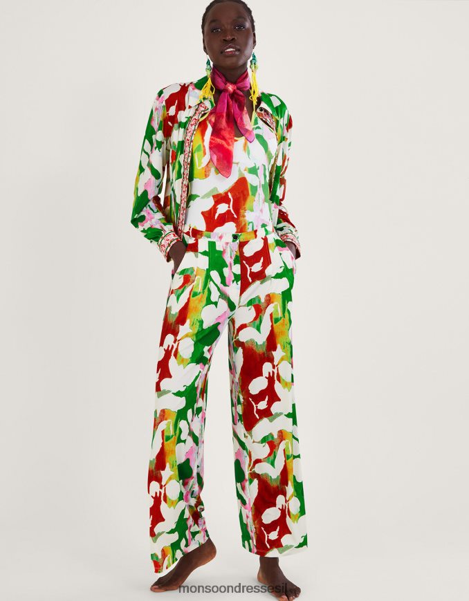 הַלבָּשָׁה Monsoon מכנסי ג'רסי פרחוניים של Holden עם פוליאסטר ממוחזר ירוק נשים HTJ0TZ895