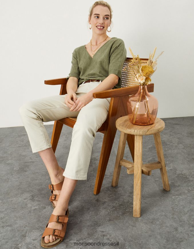 הַלבָּשָׁה Monsoon מגשר חולצה עם צווארון V בתערובת פשתן ירוק (חאקי) נשים HTJ0TZ1072