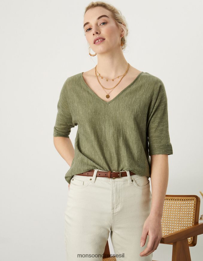 הַלבָּשָׁה Monsoon מגשר חולצה עם צווארון V בתערובת פשתן ירוק (חאקי) נשים HTJ0TZ1072